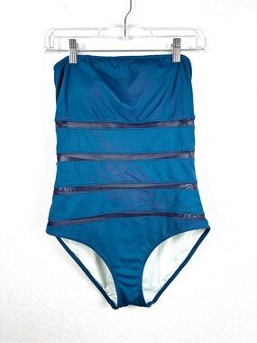 Victoria’s Secret Strapless Blue 1-Pc Swimsuit w/ Black Mesh Bands, Size M